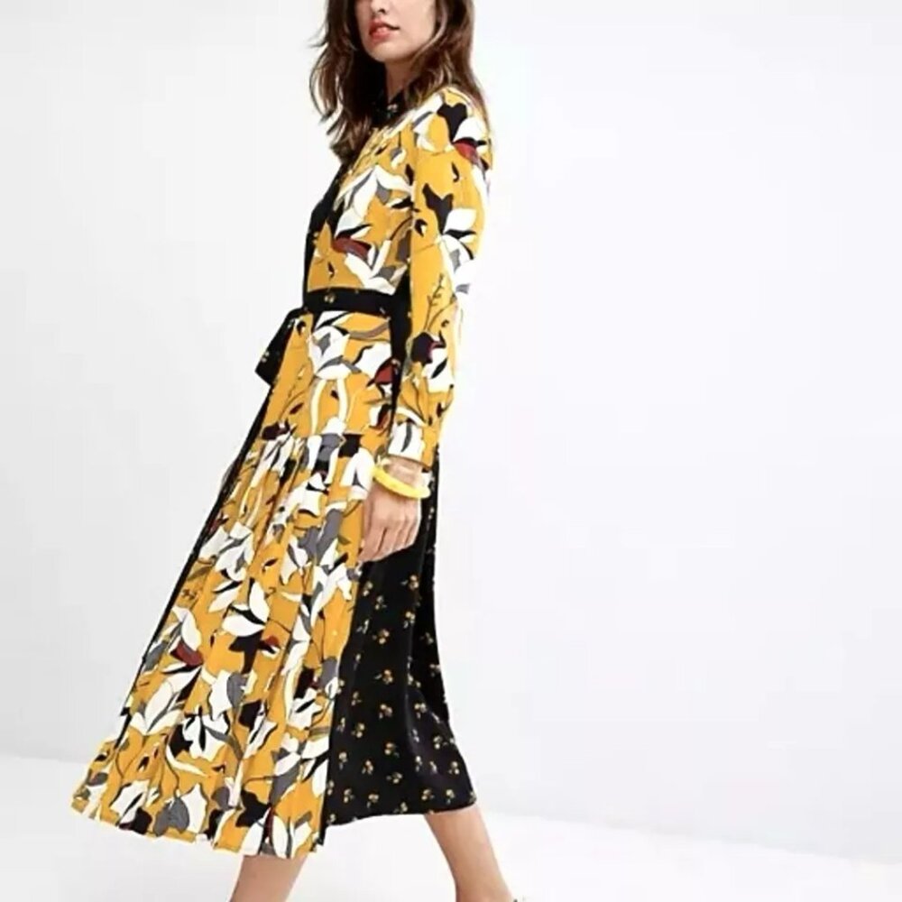 French Connection Aventine Maxi Shirt Dress Sz 4 Pleated Button Up Long Sleeves